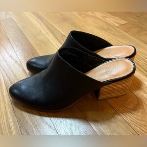 Crown Vintage Black Leather Slip-On Mules with Stacked Heel
